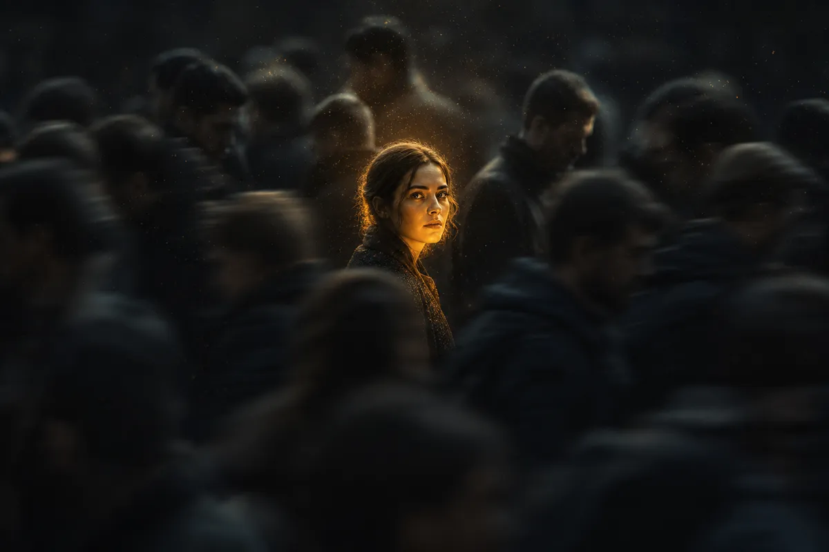 The Mirror in the Crowd — a single illuminated figure in a blurred crowd
