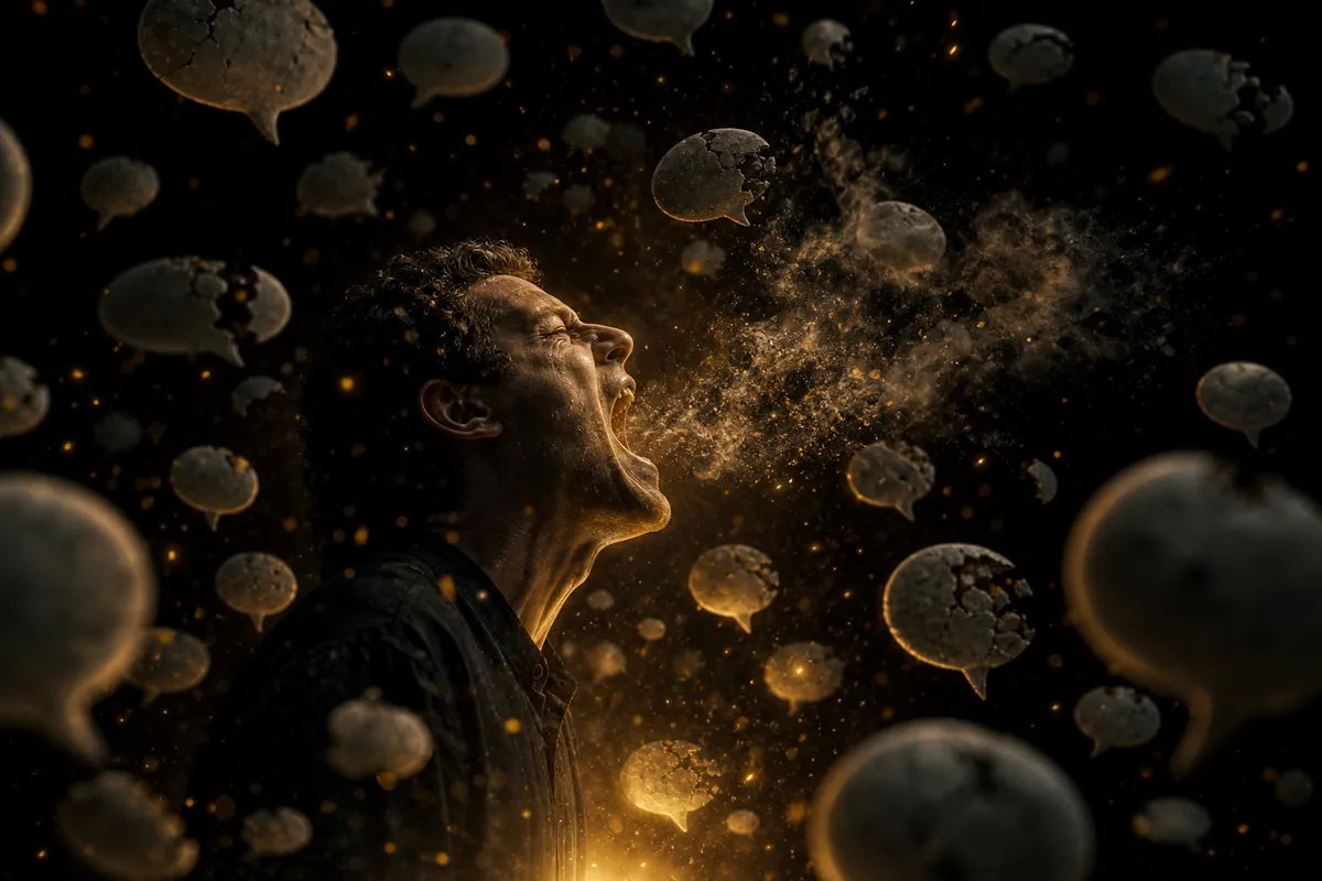 A Voice Without Action — a figure shouting into crumbling speech bubbles