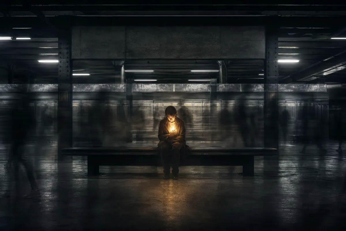 Watching The Lights Go Out — a lone figure with inner light on an empty platform
