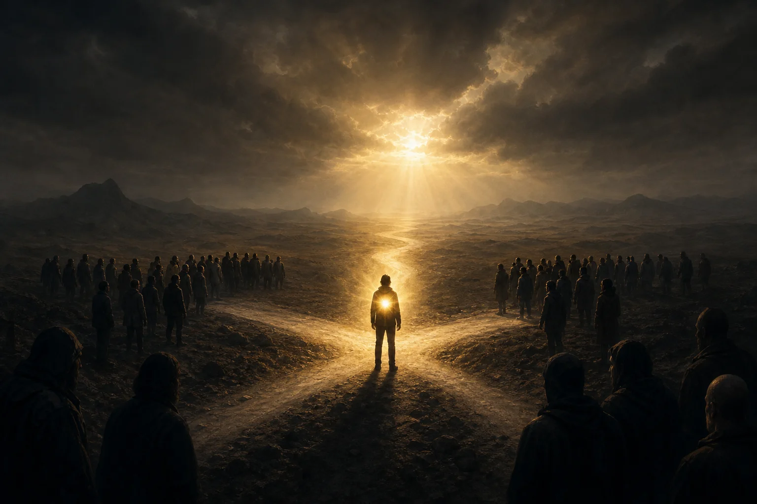 The Blueprint — a figure at a crossroads with golden light